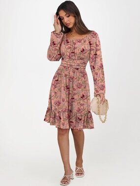 Women's Rose Pink Long Lantern Sleeve Ruffle Flowy Swing A-Line Short Dress